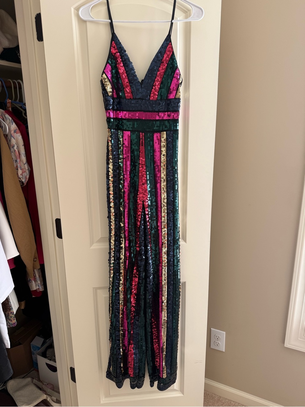 Express Multicolor Sequin V-Neck Striped Slip Dress
